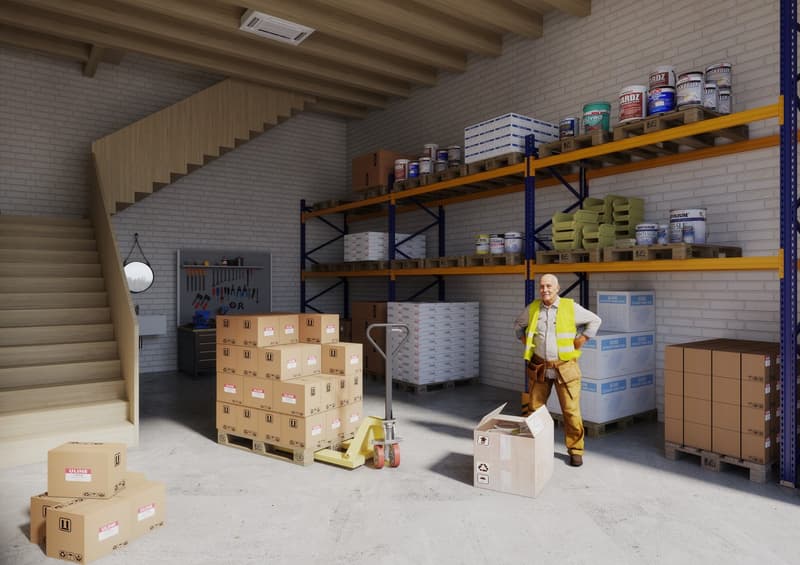 warehouse with a staircase, multiple wooden shelves, boxes and cans stacked, a man in a yellow vest standing near boxes