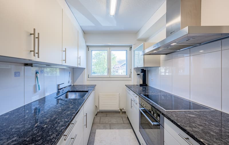 modern kitchen with granite countertops, stainless steel appliances, white cabinets, double sink, induction cooktop, dishwasher, and a window with a view