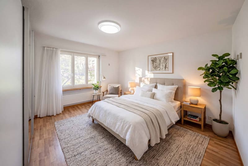 Bedroom with bed, nightstands, lamps, chair, window, rug, plant, ceiling light