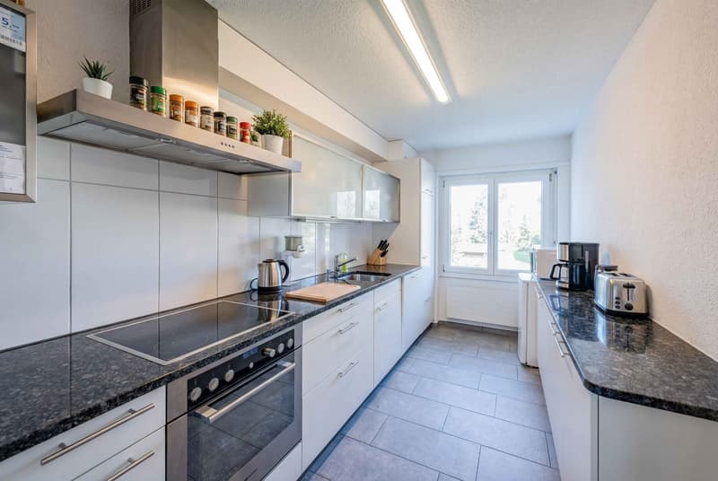 modern kitchen with granite countertops, stainless steel appliances, white cabinets, and a window with a view