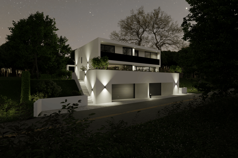 modern two story house, white with black accents, raised ground floor, garage