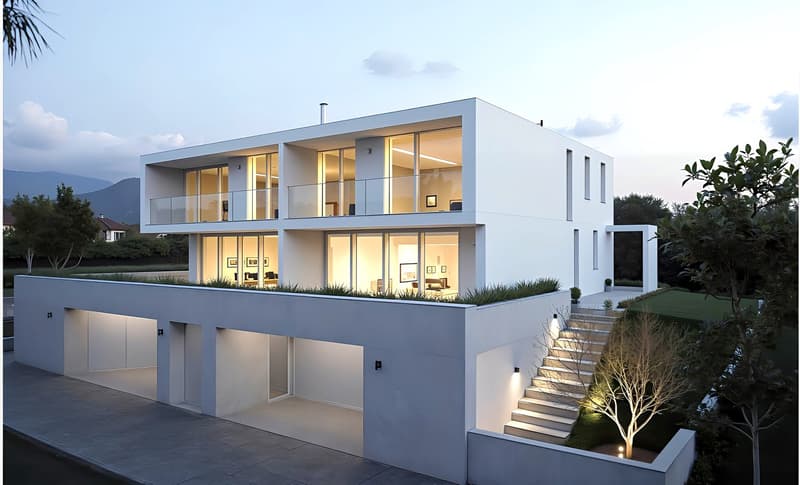 Modern white house with 2 floors, garage, basement, terrace on the top floor, glass windows, lighting on the ground floor