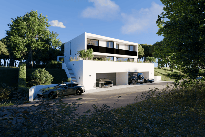 Modern two-story house, white exterior, large windows, garage, staircase, large driveway, 4 cars parked