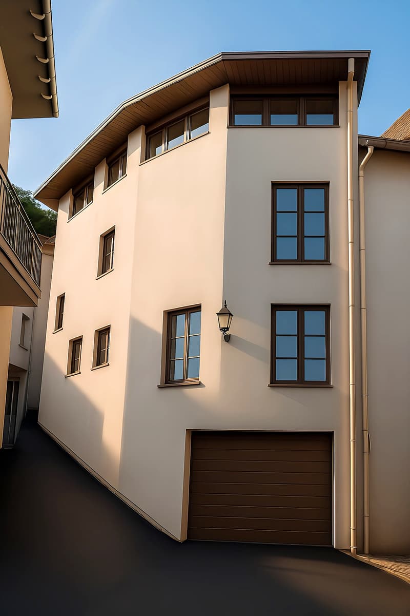 3 story building, beige exterior, 6 windows, brown garage door