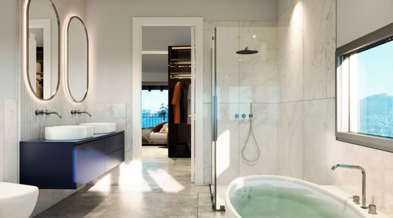 Bathroom with a tub, double sink, walk-in shower, mirrors, and a window with city view