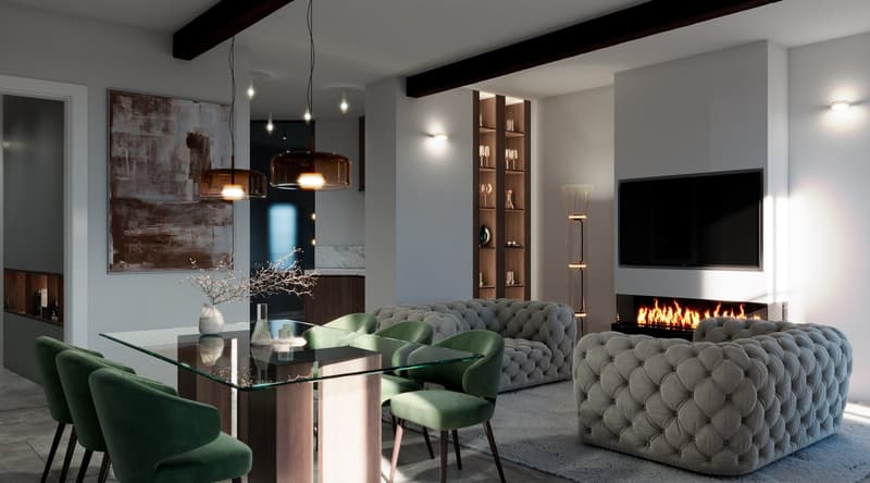 glass table, glass chairs, gray sofa, fireplace, flatscreen tv