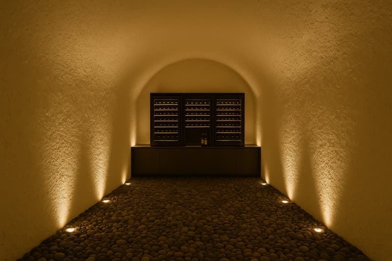 underground cellar, barrel-vaulted ceiling, stone floor, warm lighting, wine storage units, wine bottles on display