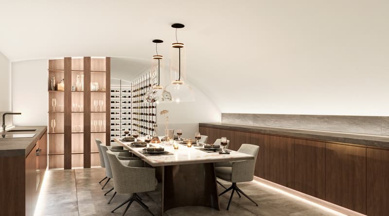 The image is of a dining area in a basement with marble table, wooden cabinets and wine shelves.