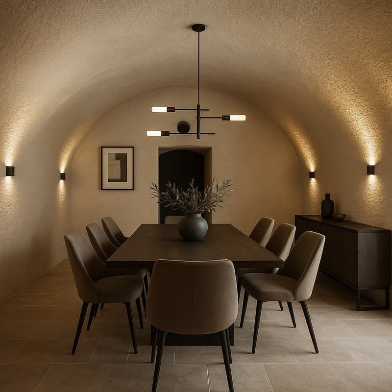 Dining room with modern chandelier, beige walls, tiled floor, large dining table with vases, 8 chairs, wooden cabinet with black accents, picture frame