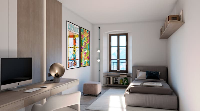 Modern bedroom with single bed, desk with computer, chair, wall mounted paintings, window with outdoor view, carpet, nightstand, footstool, shelves with books and decorative items