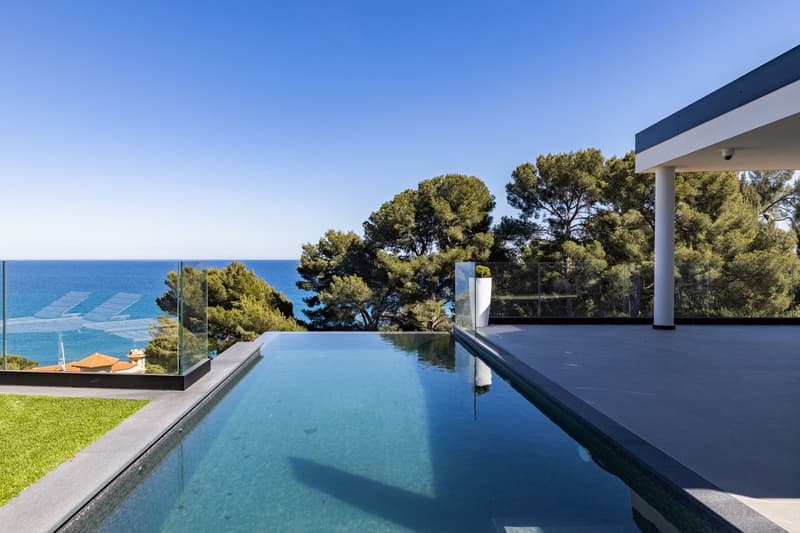 Outdoor swimming pool, glass railing, green grass, trees, ocean view