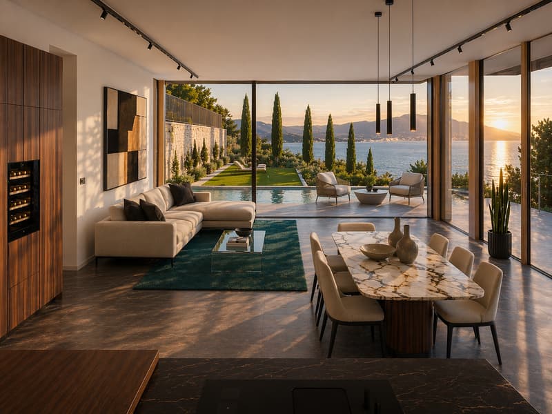 modern living room with large windows, couch, coffee table, dining table, chairs, rug, and a view of the sea