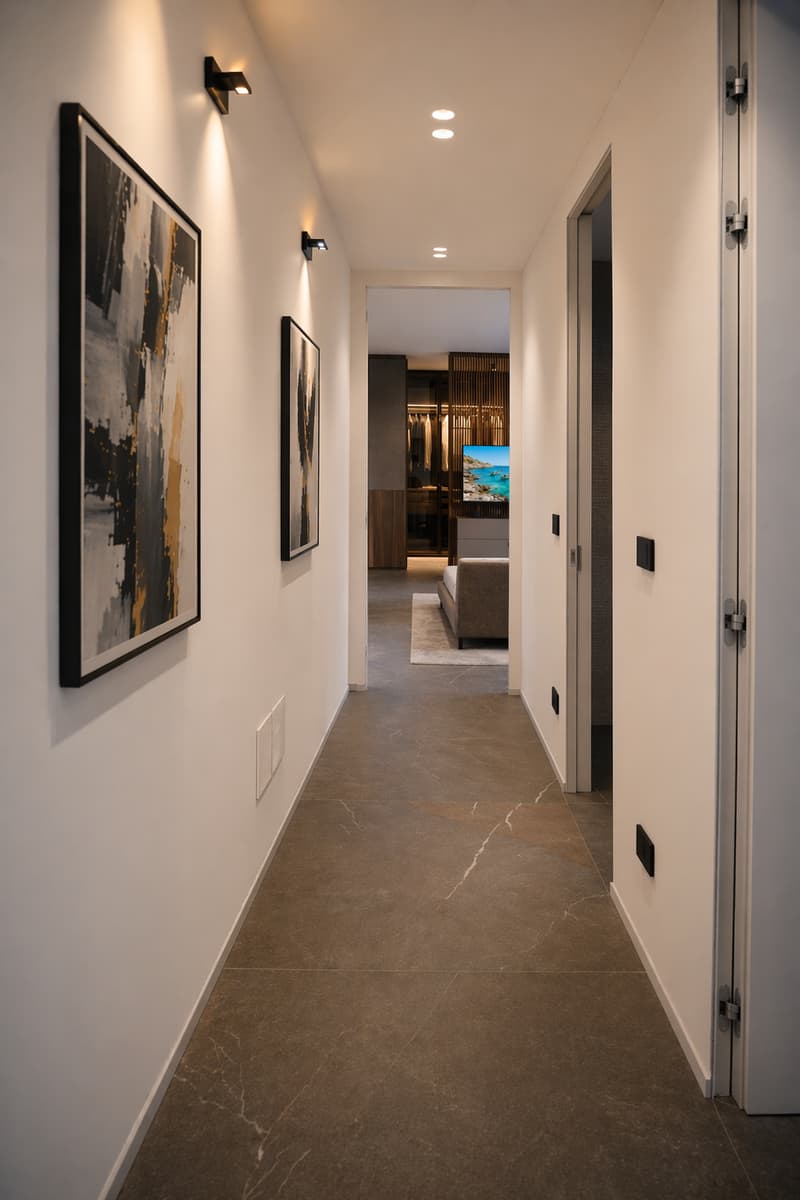 long hallway, white walls, two paintings, recessed lighting, open door, couch, TV