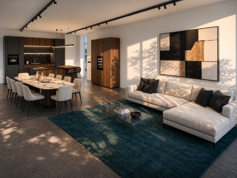 modern living room with a large dining table, a couch, a glass coffee table, a rug, and a kitchen with a bar counter