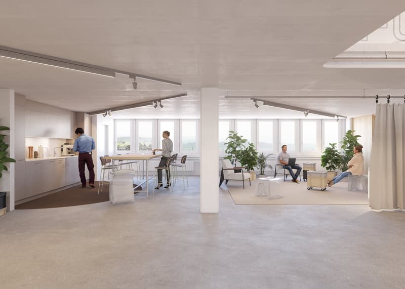 Open plan living area with windows, kitchen area, indoor plants, seating, bar, modern fixtures
