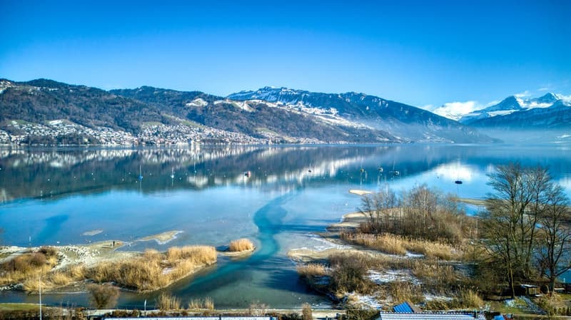 View of a lake and mountains in the background.