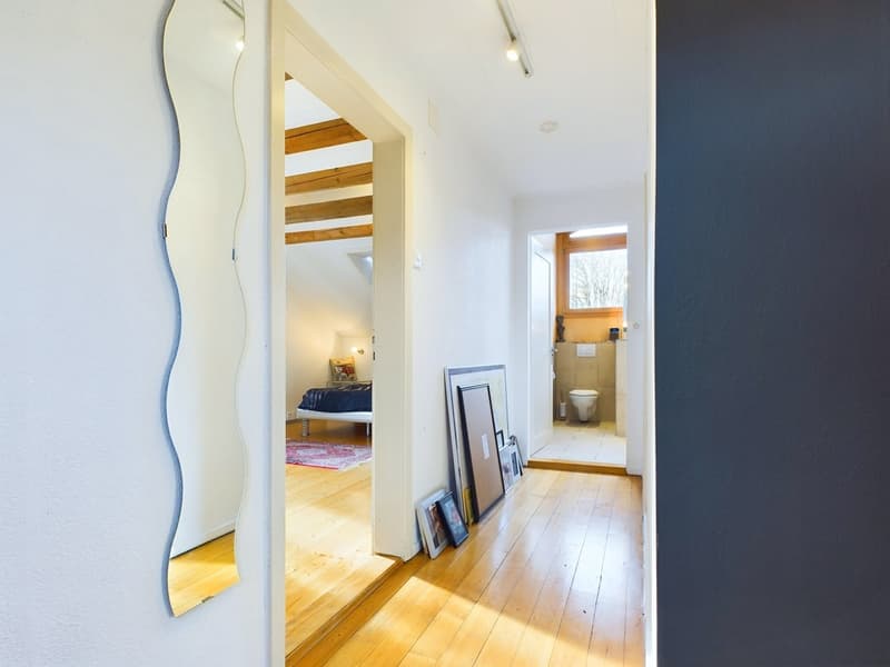 wooden floors, white walls, hallway leading to bedroom, mirror, toilet, picture frames, rug