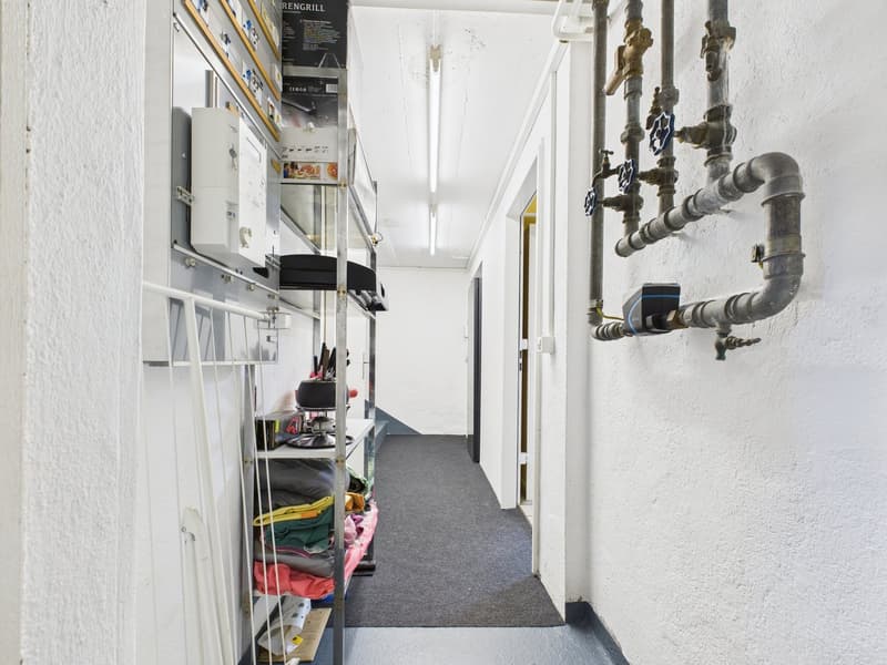 A storage area with shelves, folded clothes, metal objects and a light-colored carpeted floor.