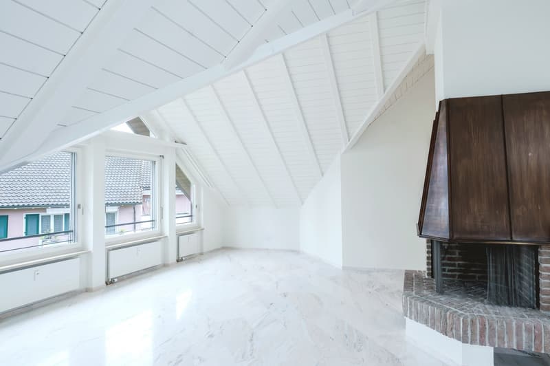 empty room, fireplace, large windows, white walls, white ceiling, white marble floor