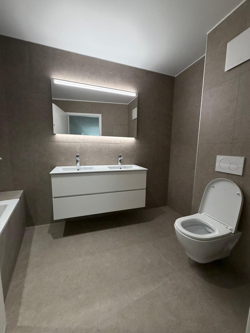 modern bathroom with double sink, mirror, bathtub, toilet, and tiled walls