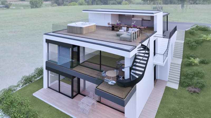 modern architecture, open floor plan, elevated wooden deck, jacuzzi on the roof, spiral staircase, large windows, glass railings, large green lawn