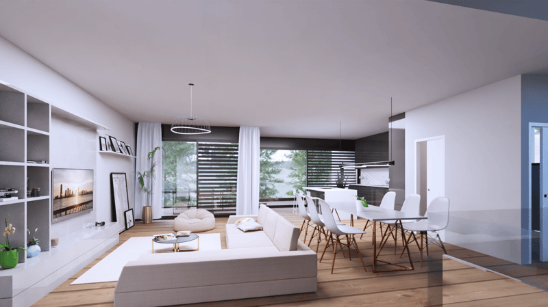 modern living room with white couch, white dining table, white chairs, white shelves, white walls, wooden floor, large windows, plants, TV