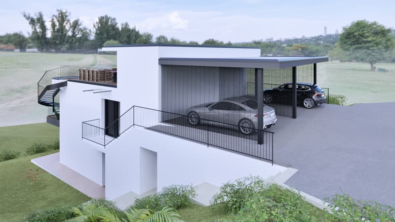 Modern house with balcony, metal fencing, two cars parked, staircase, garage, elevated floor, metal railings