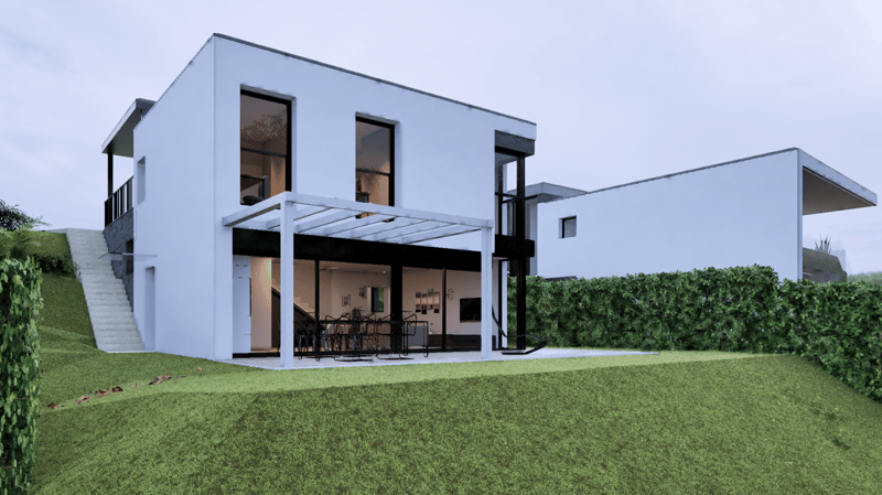 modern style, white exterior, large glass doors, balcony, raised ground floor, green lawn, staircase