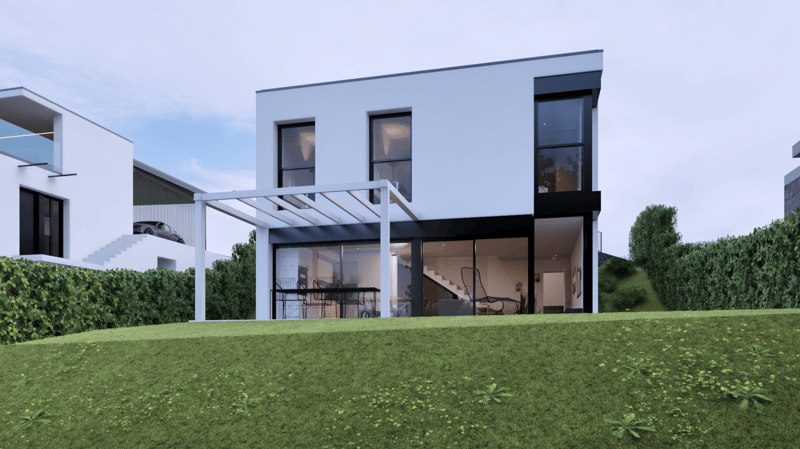 modern style, white exterior, black windows, large windows, balcony, raised ground floor, glass doors, outdoor seating