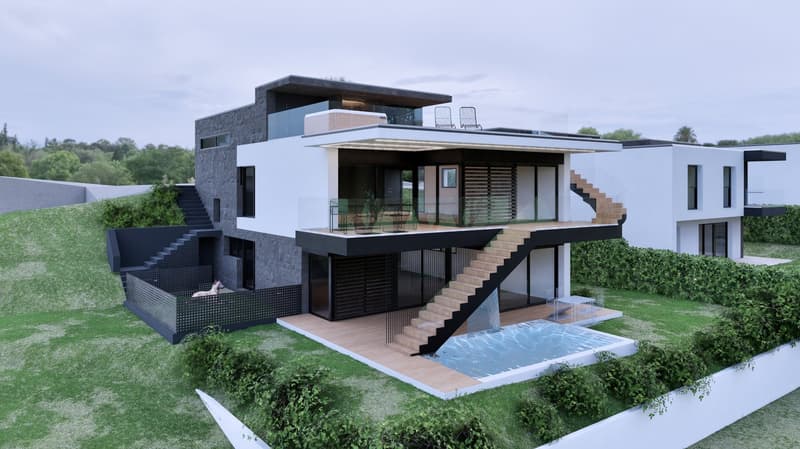 modern house, swimming pool, 2 floors, stairs, balcony, glass walls