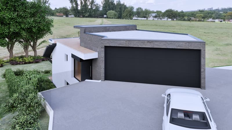 modern design house, gray stone exterior, large garage, driveway, gray walls, front garden, spacious field in the background
