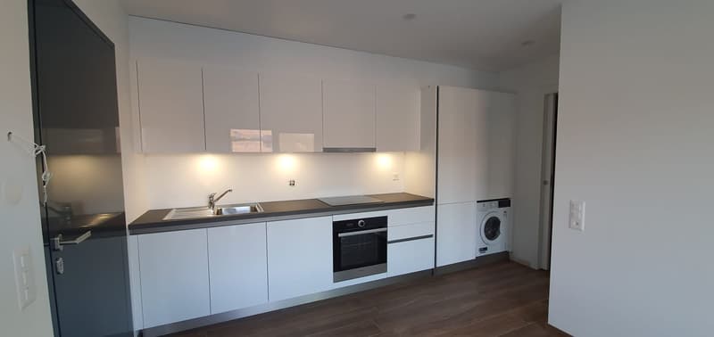 modern kitchen with white cabinets, black countertops, stainless steel sink, oven, dishwasher, washing machine