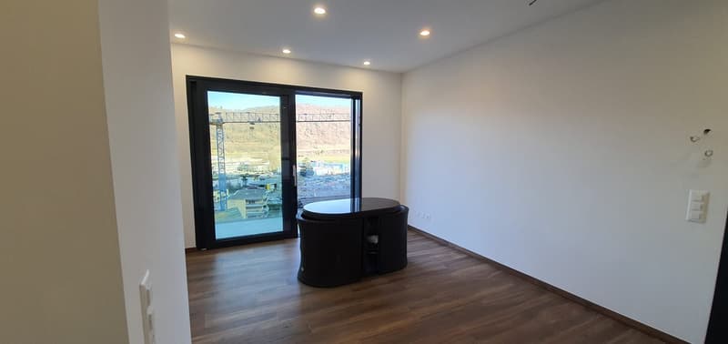 Empty room with large windows, wooden floor, black table, white walls
