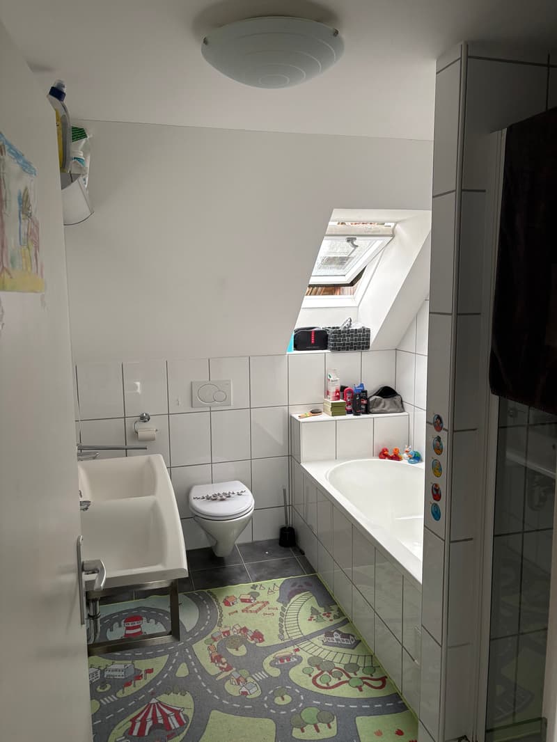 Bathroom with white tiles, white bathtub, white sink, white toilet, skylight, green rug, wall decorations, shower