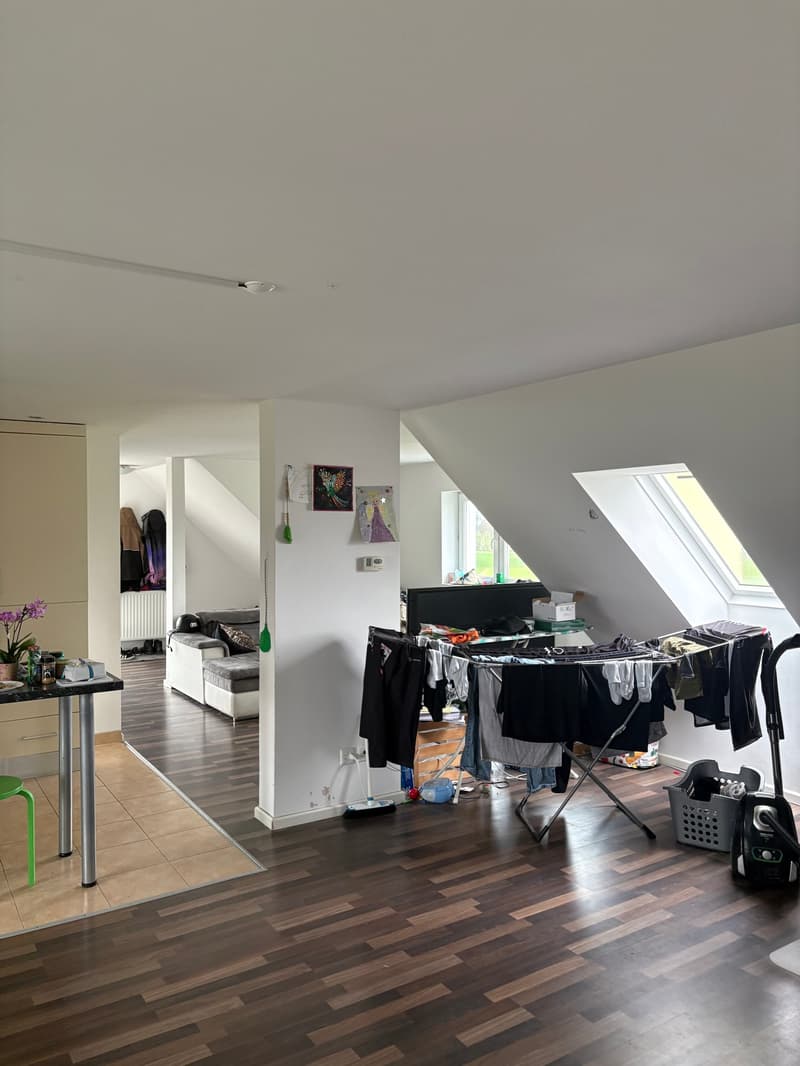 Empty attic with clothes on clothesline, wooden floor, radiator, cabinet, and windows