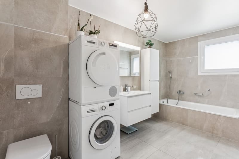 Salle de bains avec colonne de lavage