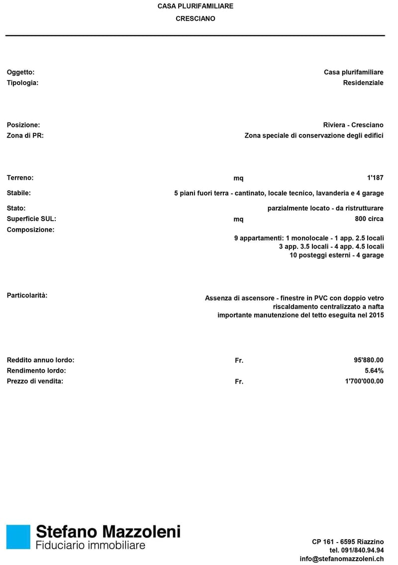 đ˘ Cresciano â stabile a reddito con 9 appartamenti | rendimento netto teorico 5.64% (1)
