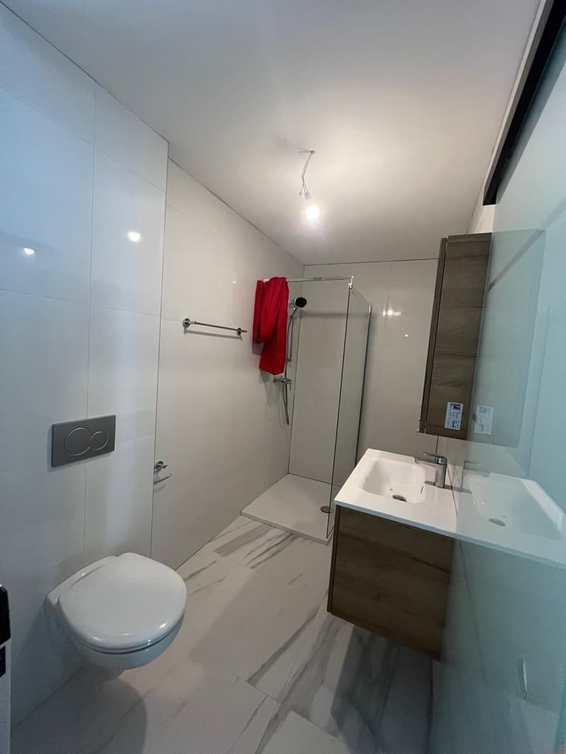 modern bathroom with white tiles, glass shower, white sink, wooden cabinet, white toilet