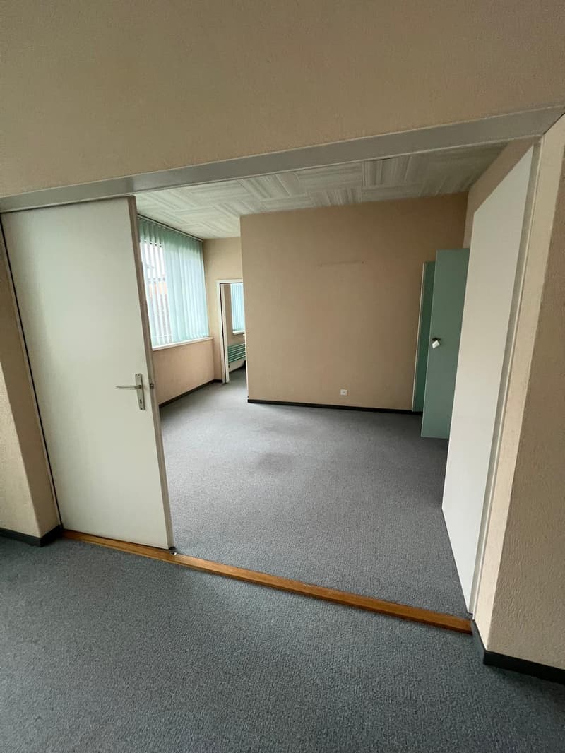 Large empty room with beige walls, gray carpet, two open doors, and two doors with small window
