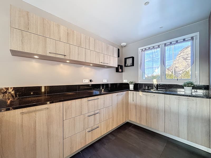 modern kitchen with wooden cabinets, black countertops, stainless steel sink, potted plants, window with curtains