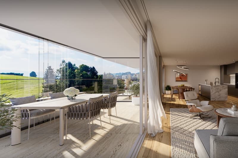 Glass balcony, dining table, modern furniture, living room couch, and kitchen island
