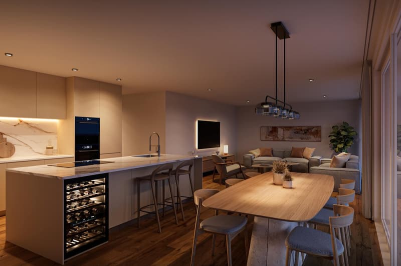 open plan kitchen and living room, island counter with bar stools, dining table, leather sofa, wood floor, modern decor