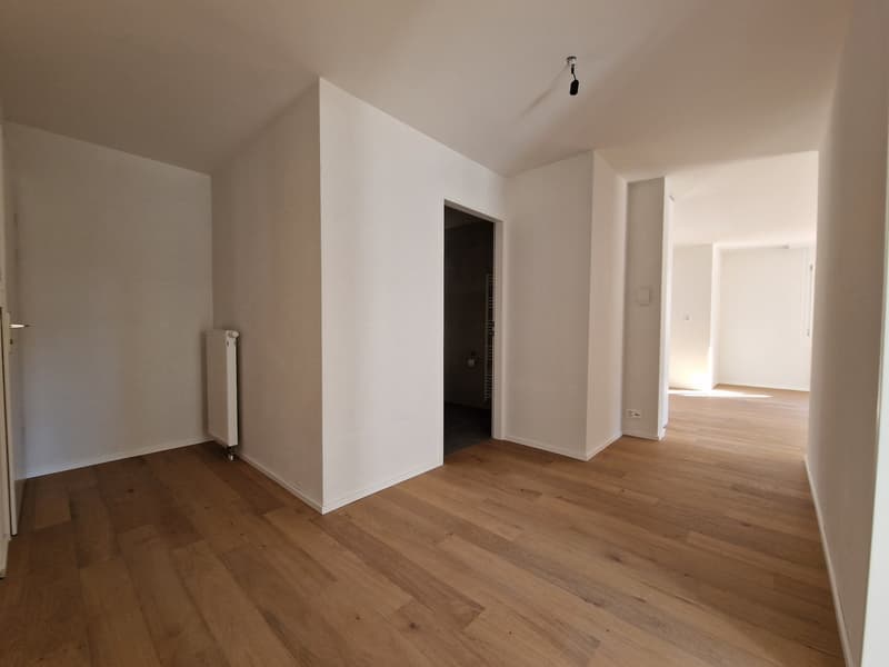 empty room, wooden floor, white walls, radiator, open door
