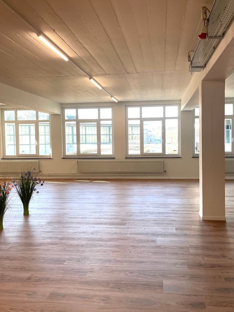 wide open space, wooden floor, windows, mounted radiators