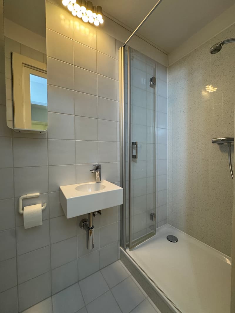white tiled walls, white countertop, white shower stall, overhead shower