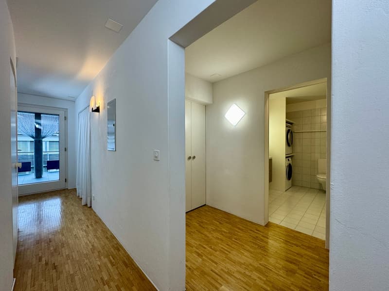 Corridor with white walls, wooden floors, glass door to a balcony, a toilet, washing machine, and storage closet