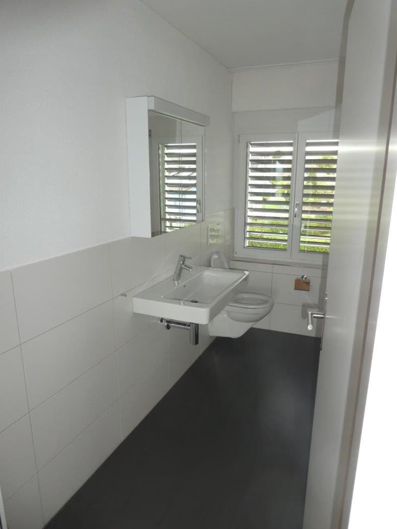 Bathroom with white tiles, white sink, silver faucet, white toilet, white mirror, white window shutters