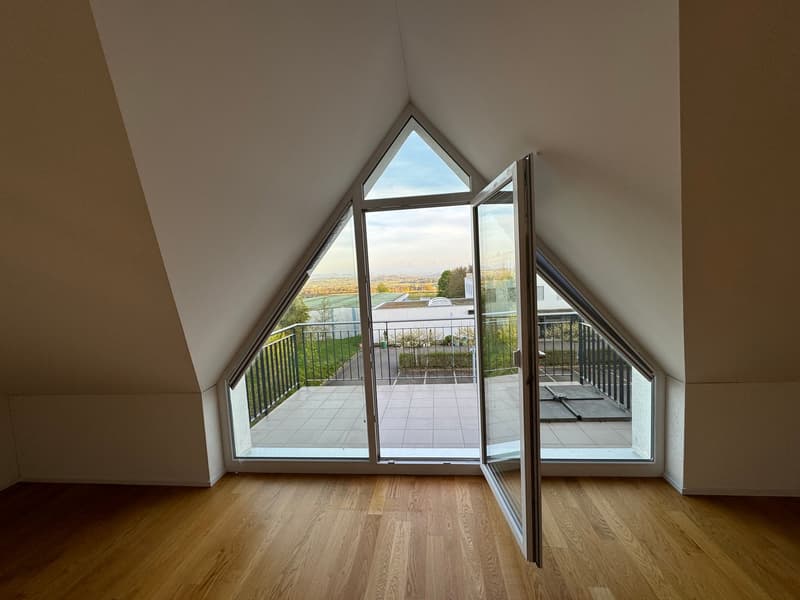 wooden floor, triangular window, balcony, view of the outside