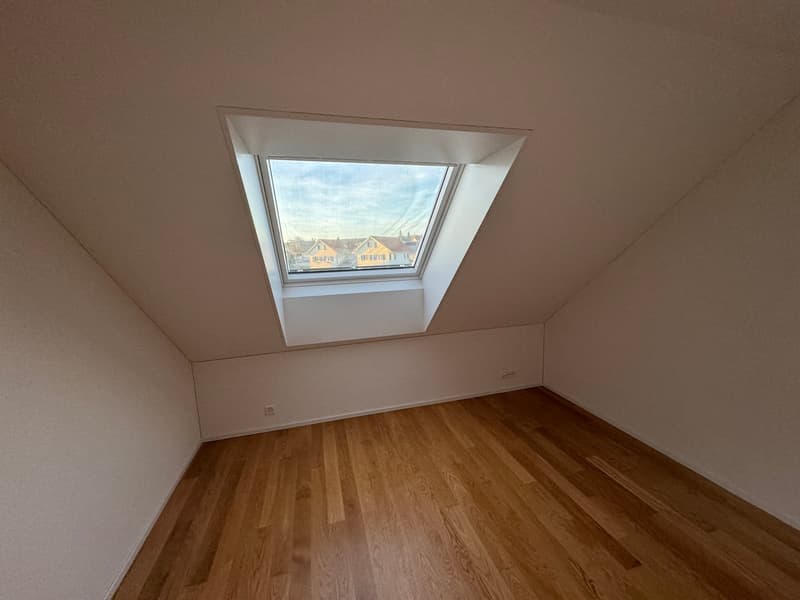empty room, wooden floor, white walls, skylight window