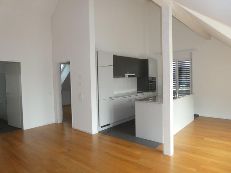 modern kitchen with white cabinets, granite countertop, white walls, wooden floor, open to living area